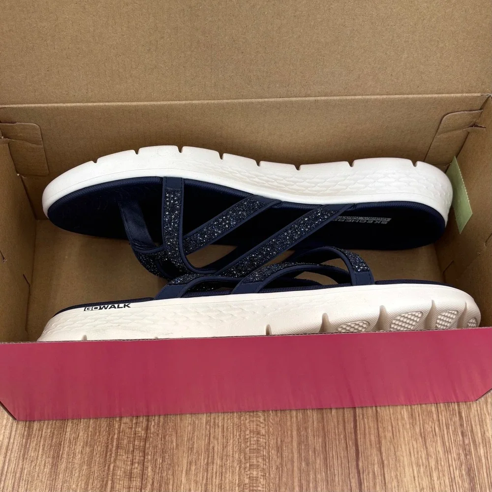 Skechers GoWalk Sandals Women 10 Navy Blue New Glitter Thong Flip Flop NEW